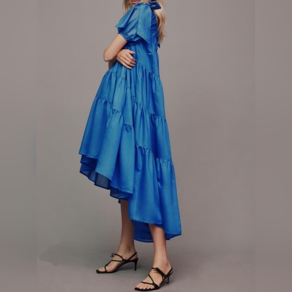 By Anthropologie Women's Off-The-Shoulder Tiered High-Low Midi Dress, Blue, XS - Picture 4 of 16